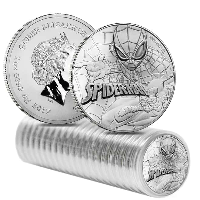 Lot of 100 - 2017 1 oz Tuvalu Spiderman Marvel Series Silver Coin .999 Fine Silver BU In Cap (5 Roll,Tube of 20)