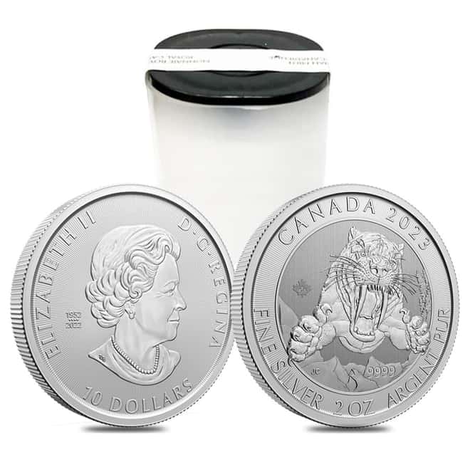 Roll of 14 - 2023 Canada 2 oz Smilodon Sabre-Tooth Cat Silver Coin BU