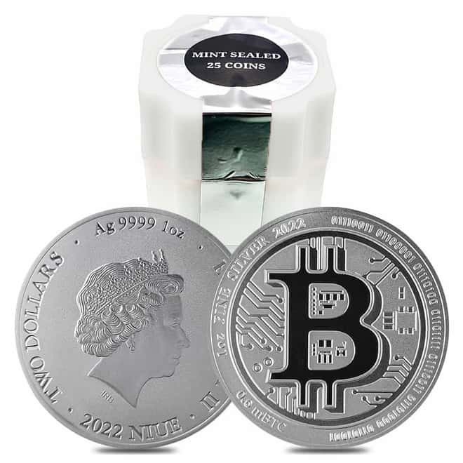 Tube of 25 - 2022 Niue 1 oz Bitcoin Silver Coin .9999 Fine BU (Roll, Lot of 25)