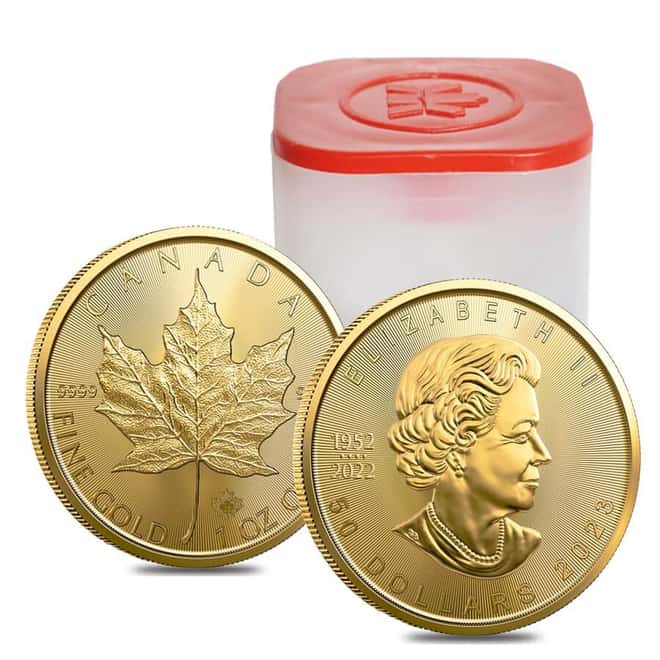 Roll of 10 - 2023 1 oz Canadian Gold Maple Leaf $50 Coin .9999 Fine BU (Lot, Tube of 10)