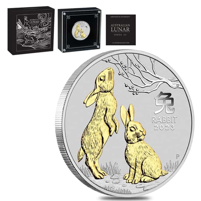 2023 1 oz Gilded Silver Lunar Year of The Rabbit Australian Perth Mint (w/Box & COA)