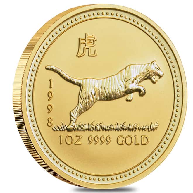 1998 1 oz $100 Gold Lunar Year of the Tiger Australia Perth Mint Series I BU