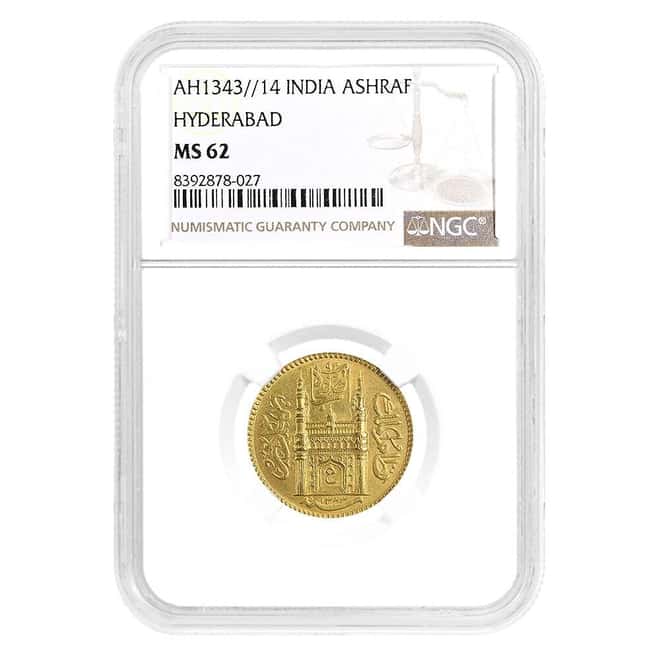 AH1343//14 India Ashraf Hyderabad Gold Coin NGC MS 62