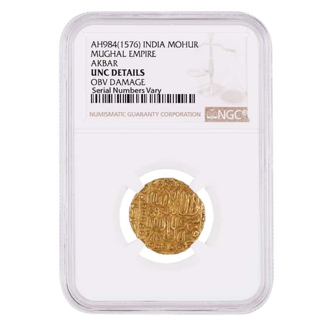 AH 984 (1576) India Mughal Empire Akbar Gold Mohur NGC UNC Details