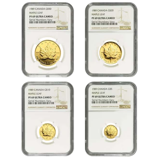 1989 1.85 oz Gold Canadian Maple Leaf 4-Coin Set NGC PF 69 UCAM - 10th Anniversary