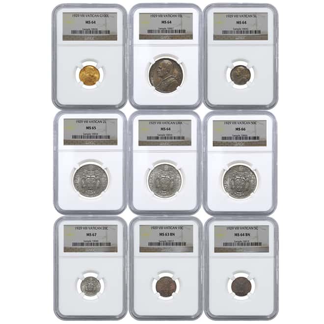 1929 VIII Vatican City .2546 AGW 9-Coin Set NGC MS 63-67