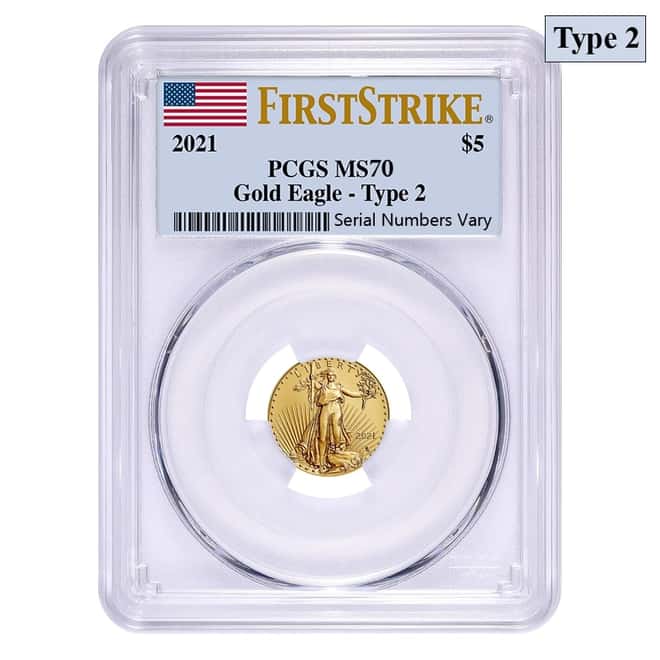 2021 1/10 oz Gold American Eagle Type 2 PCGS MS 70 First Strike