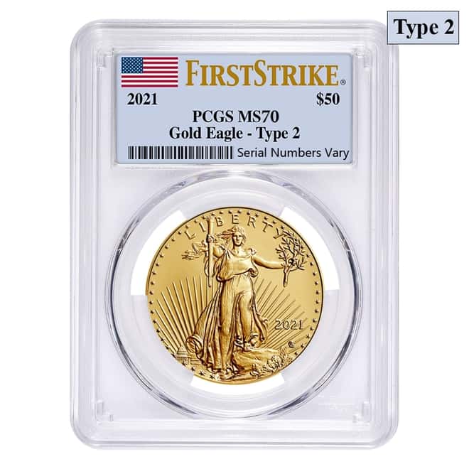 2021 1 oz Gold American Eagle Type 2 PCGS MS 70 First Strike