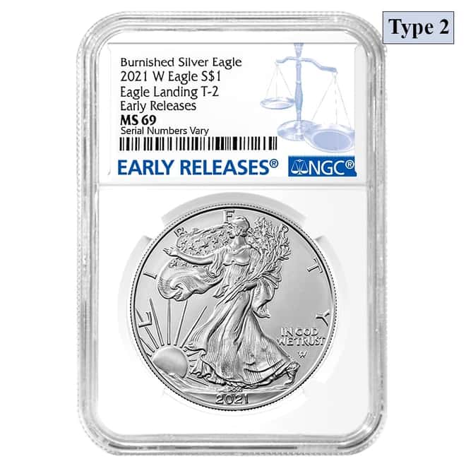 2021-W 1 oz Burnished Silver American Eagle Type 2 NGC MS 69 ER