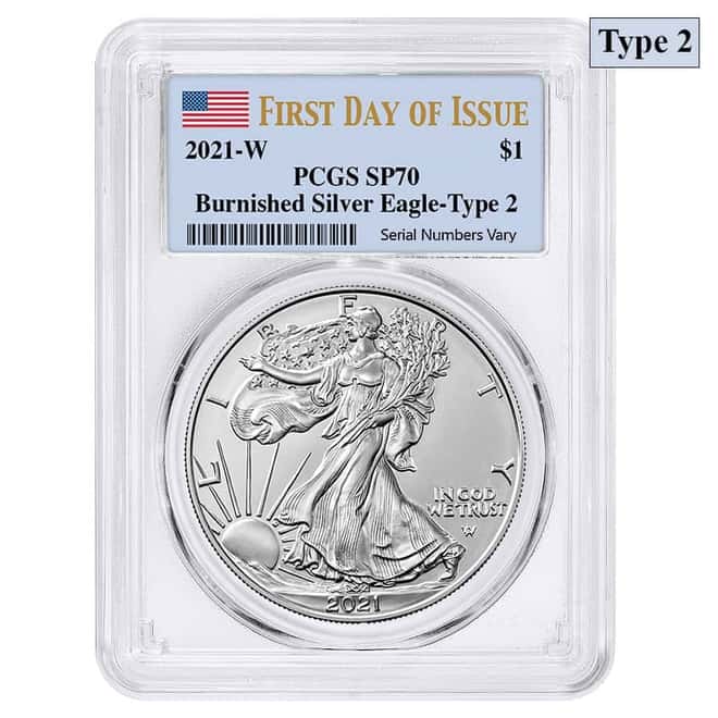 2021-W 1 oz Burnished Silver American Eagle Type 2 PCGS SP 70 FDOI