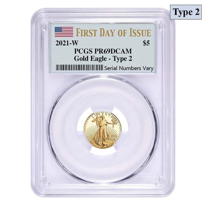 2021-W 1/10 oz $5 Proof Gold American Eagle Type 2 PCGS PF 69 FDOI DCAM