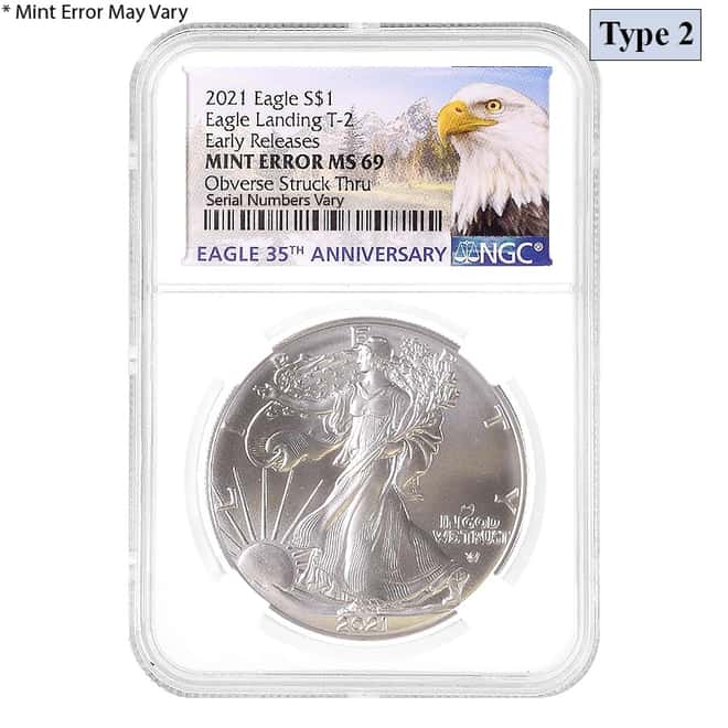 2021 1 oz Silver American Eagle Type 2 NGC MS 69 ER Eagle Label Mint Error (Obv Struck Thru)