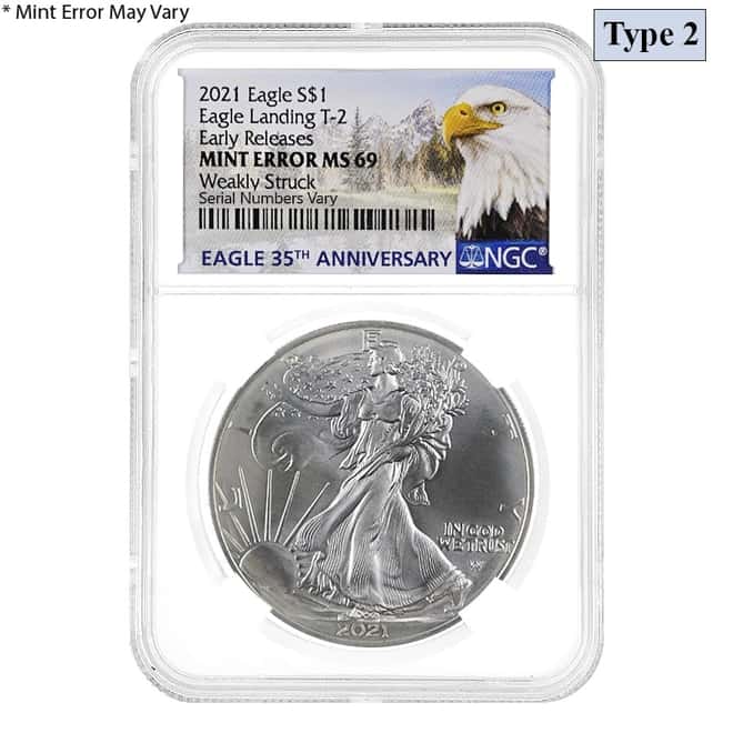 2021 1 oz Silver American Eagle Type 2 NGC MS 69 ER Eagle Label Mint Error (Weakly Struck)