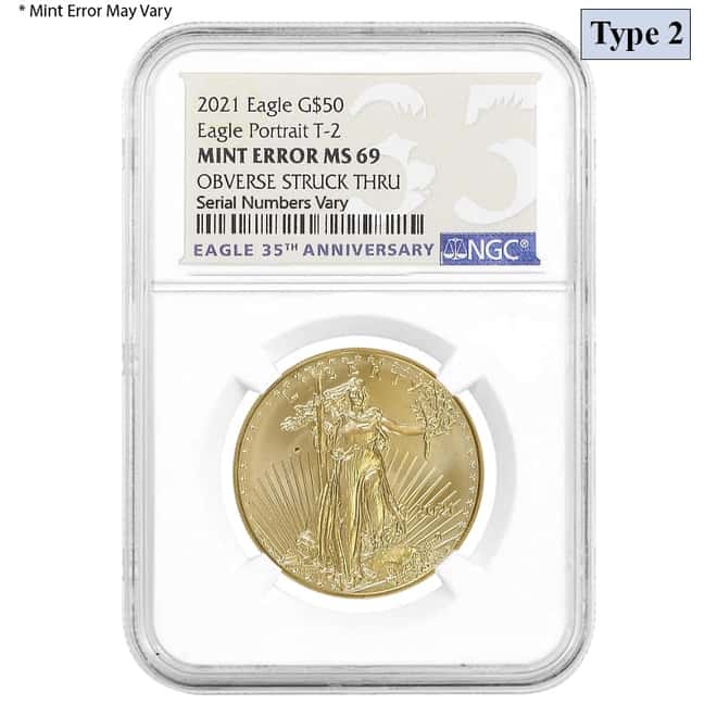 2021 1 oz Gold American Eagle Type 2 NGC MS 69 Mint Error (Obv Struck Thru)