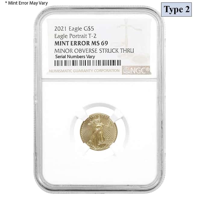 2021 1/10 oz Gold American Eagle Type 2 NGC MS 69 Mint Error (Minor Obv Struck Thru)