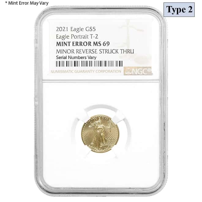 2021 1/10 oz Gold American Eagle Type 2 NGC MS 69 Mint Error (Minor Rev Struck Thru)
