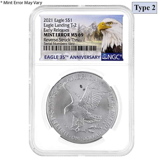 2021 1 oz Silver American Eagle Type 2 NGC MS 69 ER Eagle Label Mint Error (Obv Struck Thru)