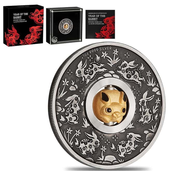 2023 Tuvalu 1 oz Antiqued Silver Lunar Year of The Rabbit Rotating Charm (w/Box & COA)