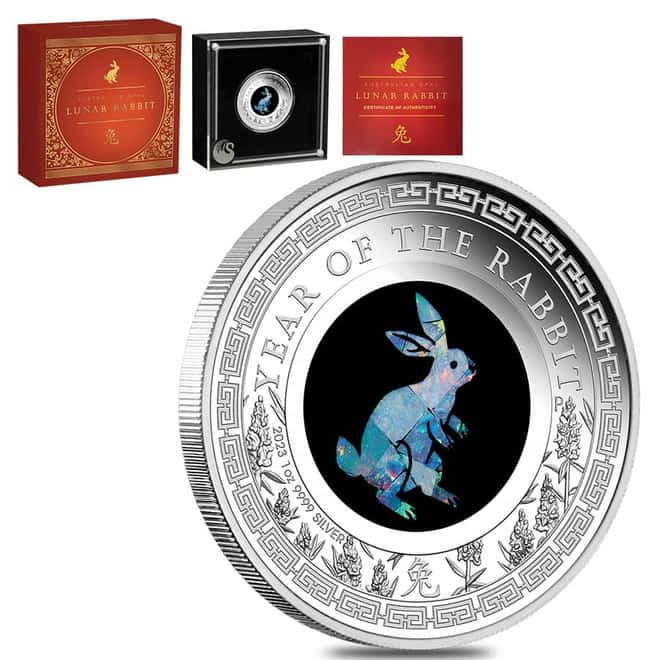 2023 1 oz Proof Silver Lunar Year of the Rabbit Opal Coin Australian Perth Mint (w/Box & COA)