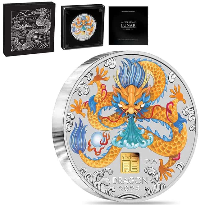 2024 1 Kilo Proof Colorized Silver Lunar Dragon Gold Privy Perth Mint