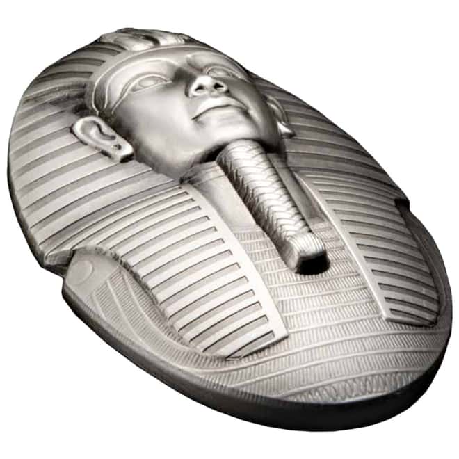2022 3 oz Silver Mask of Tutankhamun 100th Ann 3D Shaped Coin Djibouti .999 Fine (w/Box & COA)