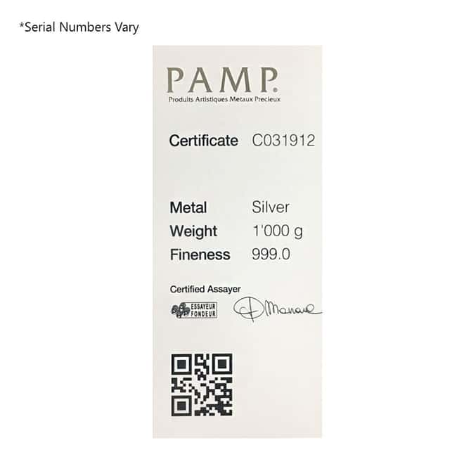 1 Kilo PAMP Suisse Silver Cast Bar .999 Fine (w/Assay)