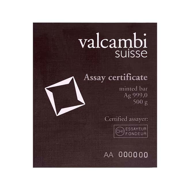 1/2 kilo Silver Bar - Valcambi Suisse .999 Fine (w/Assay)