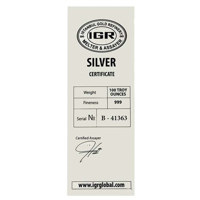 100 oz Istanbul Gold Refinery IGR Silver Bar .999 Fine (w/Assay)