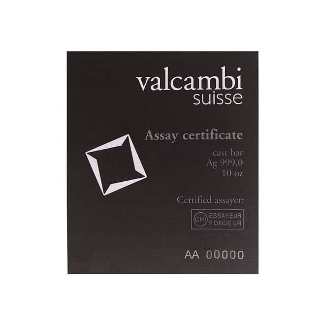 Box of 50 - 10 oz Valcambi Suisse Cast Silver Bar .999 Fine (w/Assay)