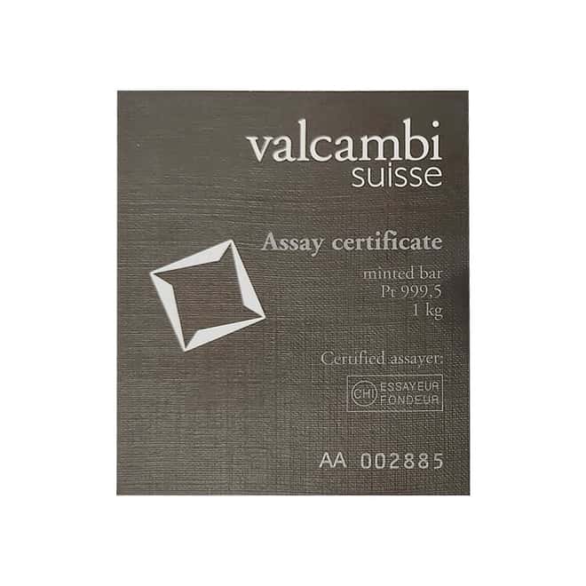 1 kilo Platinum Bar - Valcambi Suisse .9995 Fine (w/ Assay)