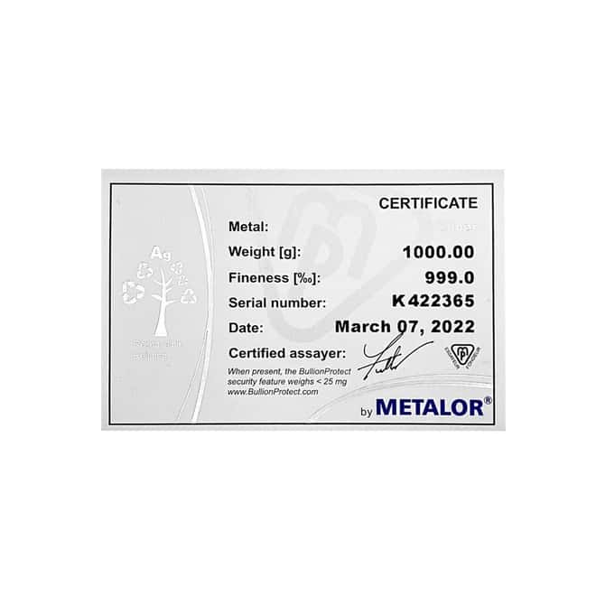 1 Kilo Switzerland Metalor Silver Bar .999 Fine (w/ Assay)