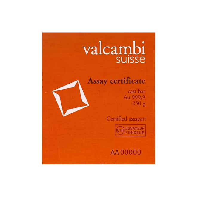250 gram Gold Bar Valcambi Suisse .9999 Fine (Cast, w/Assay)