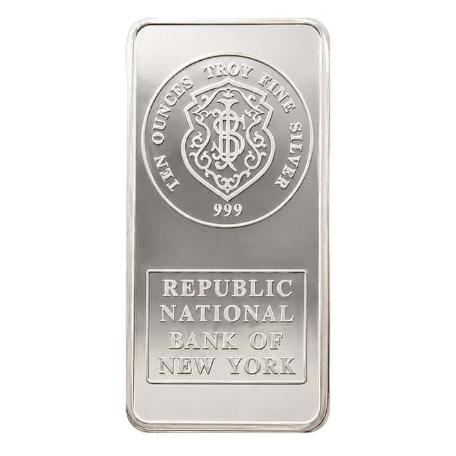 10 oz Johnson Matthey JM Republic National Bank Silver Vintage Bar .999 Fine
