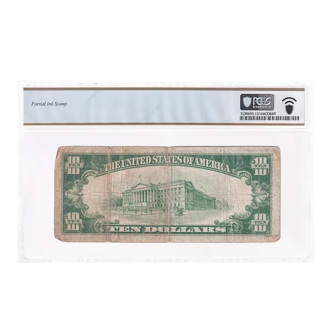 1928 $10 Gold Certificate Currency Note Woods Mellon PCGS F 12 (Partial Ink Stamp)
