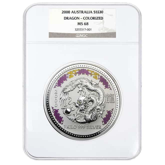 2000 1 Kilo Colorized Silver Lunar Dragon Diamond Gemstone Australian Perth Mint NGC MS 68
