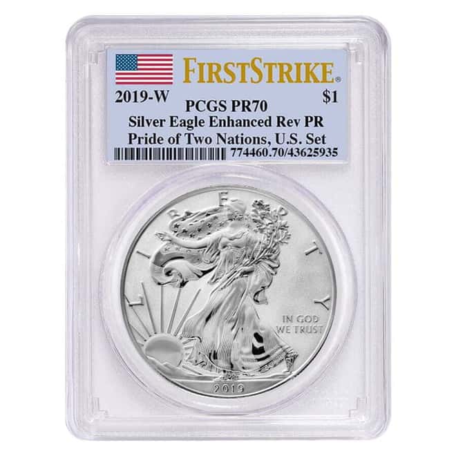 2019 W 1 oz Enhanced Rev. Proof Silver American Eagle PCGS PF 70 FS (Two Flags Label, Pride of Two Nations)