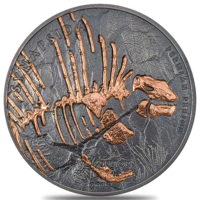 2022 1 oz Evolution of Life - Synapsida Antiqued Silver Coin Mongolia .999 Fine (w/Box & COA)