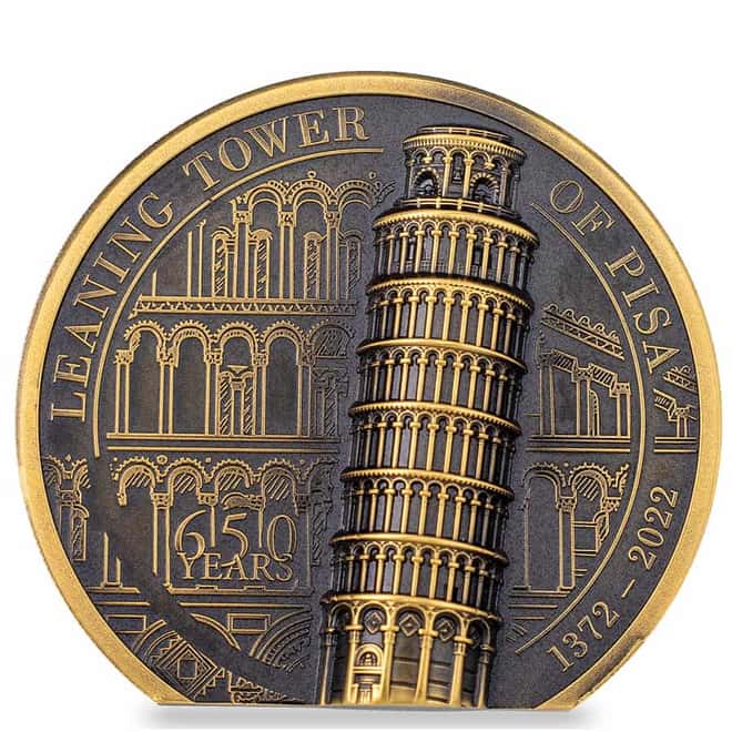 2022 Cook Islands 1 oz Gold Leaning Tower of Pisa Coin Antiqued .999 Fine (w/Box & COA)