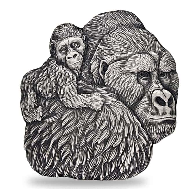 2023 Chad 1 oz Silver Gorilla and Child Shaped Antiqued High Relief Coin .999 Fine (w/Box)