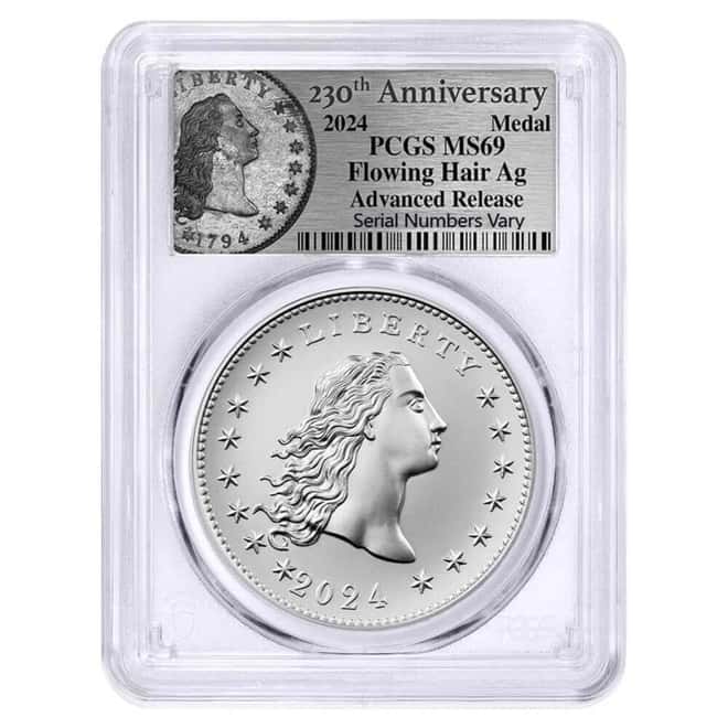 2024 1 oz Flowing Hair Silver Medal 230th Ann. PCGS MS 69 AR (Flowing Hair)