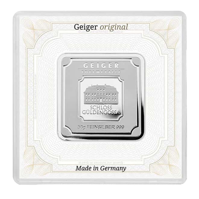 50 gram Geiger Original Square Silver Bar .999 Fine (In Assay)