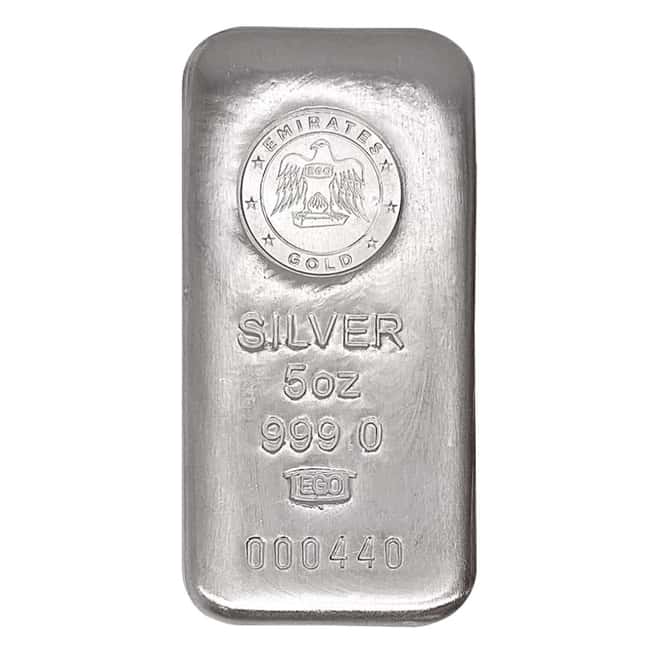 Box of 100 - 5 oz Emirates Gold Silver Cast Bar .999 Fine (w/Assay)
