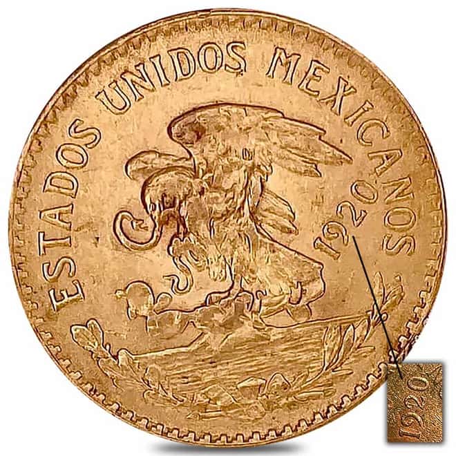 1920/10 Mexico 20 Pesos Gold Coin AU