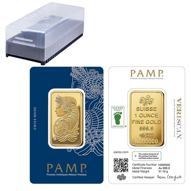 Box of 25 - 1 oz Gold Bar PAMP Suisse Lady Fortuna Veriscan Carbon Neutral (in Assay)