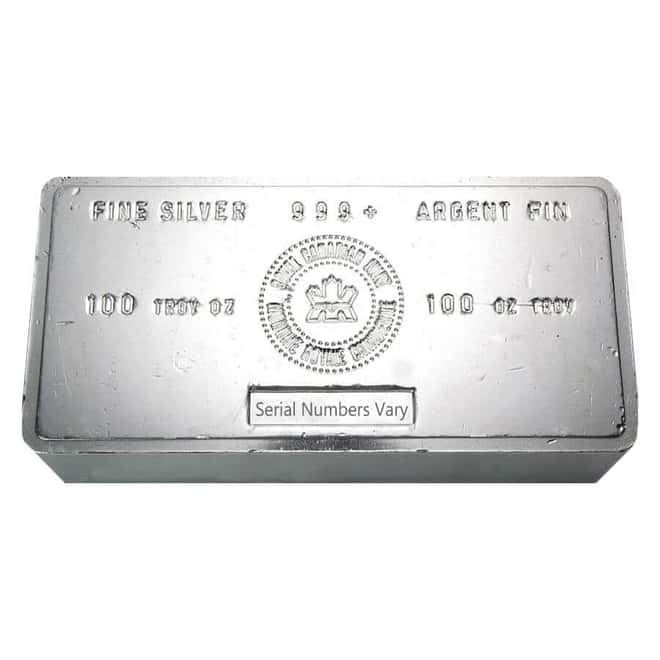 100 oz Royal Canadian Mint (RCM) .999+ Fine Silver Vintage Bar