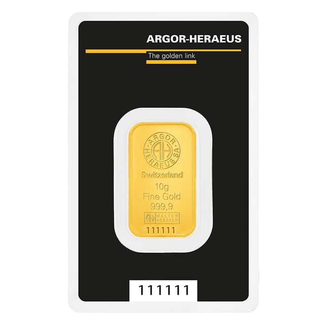 10 Gram Argor Heraeus Gold Bar .9999 Fine (in Assay)