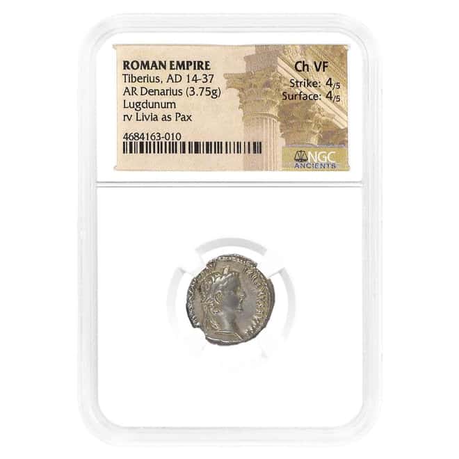 14-37 AD Roman Empire Tiberius AR Denarius Silver Coin NGC Ch VF