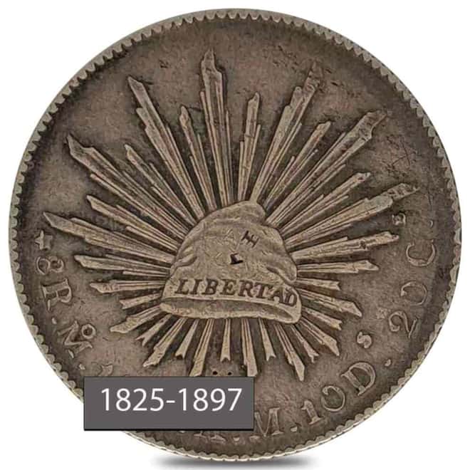 1825-1897 Mexico 8 Reales Cap & Rays Silver Coin Avg Circ (Random)