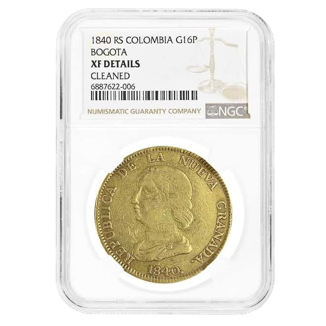 1840-RS Colombia 16 Pesos Gold Coin NGC XF Details