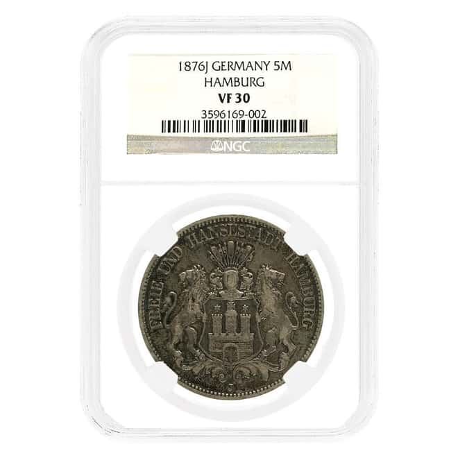 1876 J Germany 5 Marks Hamburg Silver Coin NGC VF 30